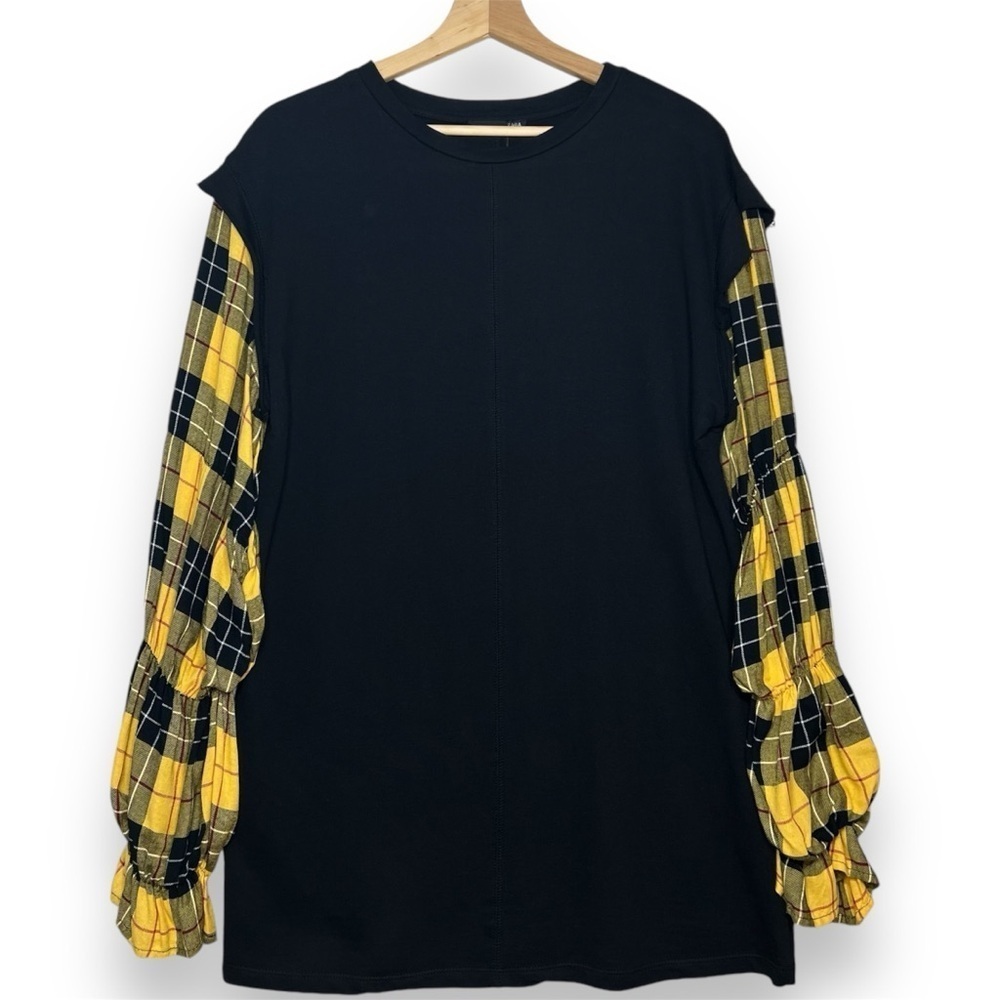 Zara Dress Womens S Black Knit Tunic Yellow Plaid Puff Statement Sleeve Academia